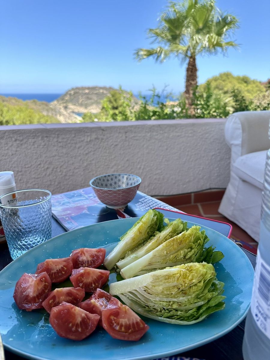 Ensalada en la mesa de la terraza, con la palmera y el mar detrás