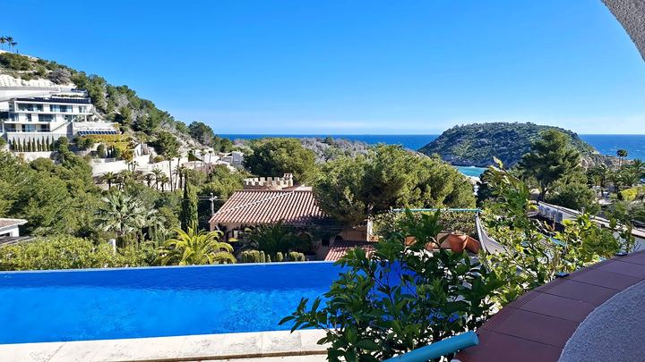 El borde de la piscina con la isla del Portitxol al fondo